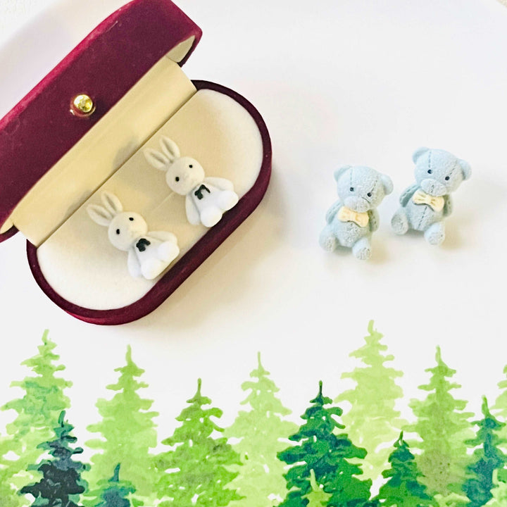 Blue Fuzzy Bear Stud Earrings