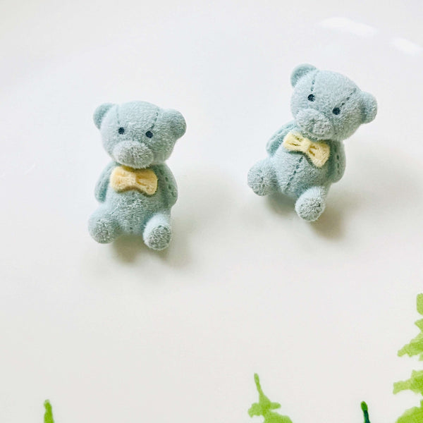 Blue Fuzzy Bear Stud Earrings