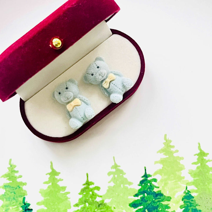 Blue Fuzzy Bear Stud Earrings