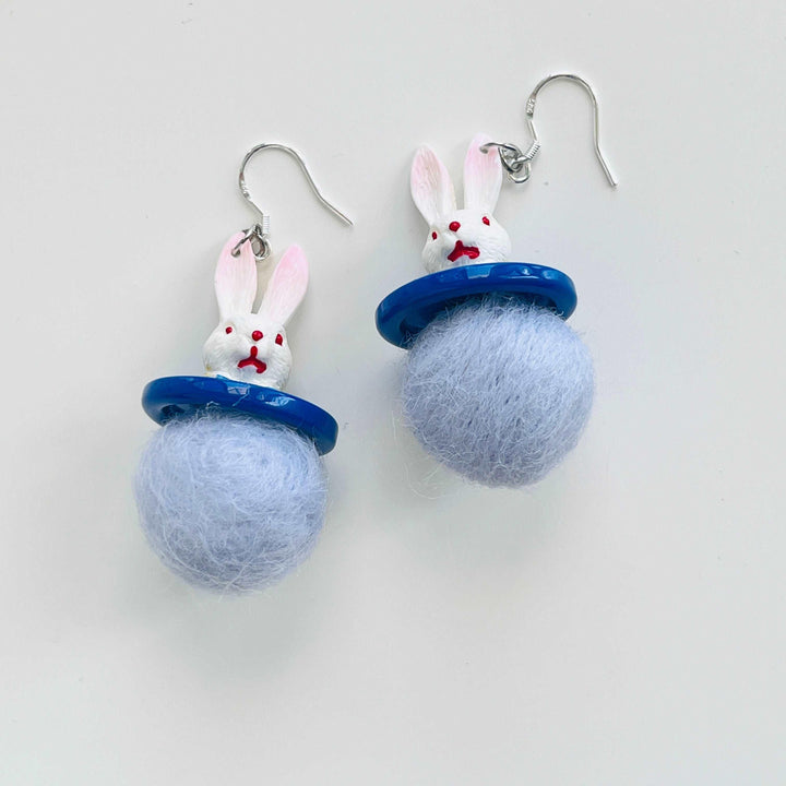 Rabbit With Wool Felt Ball Hook Earrings