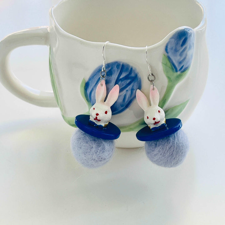 Rabbit With Wool Felt Ball Hook Earrings