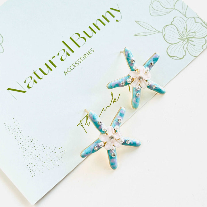 Blue Starfish Flower Stud Earrings