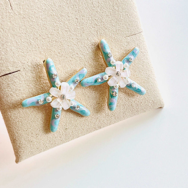 Blue Starfish Flower Stud Earrings