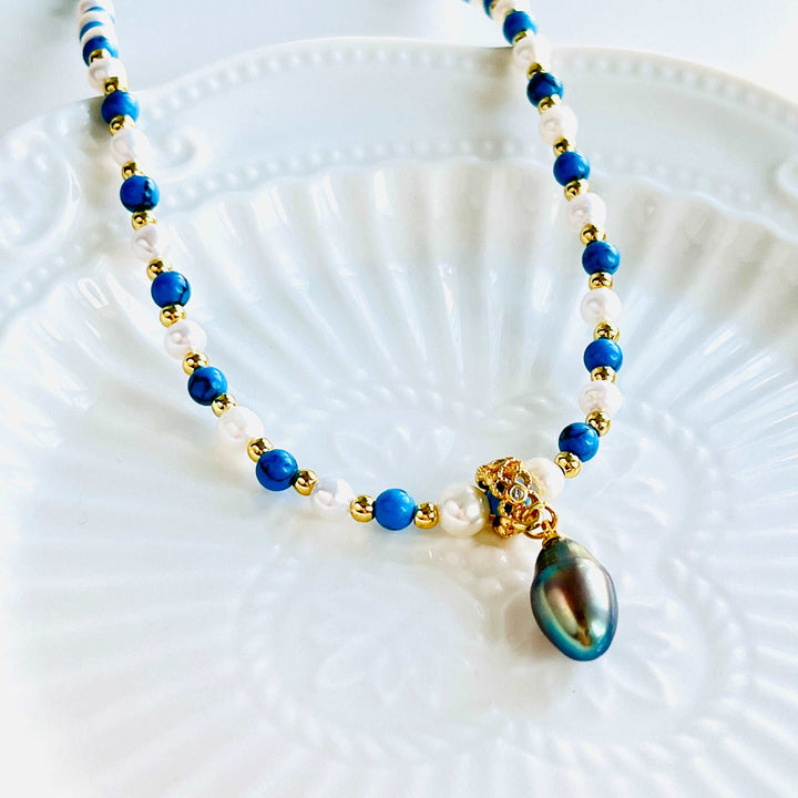 Blue Turquoise Black Pearl Pendant Necklace