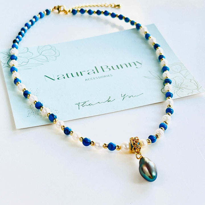 Blue Turquoise Black Pearl Pendant Necklace