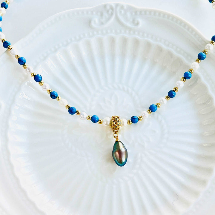 Blue Turquoise Black Pearl Pendant Necklace