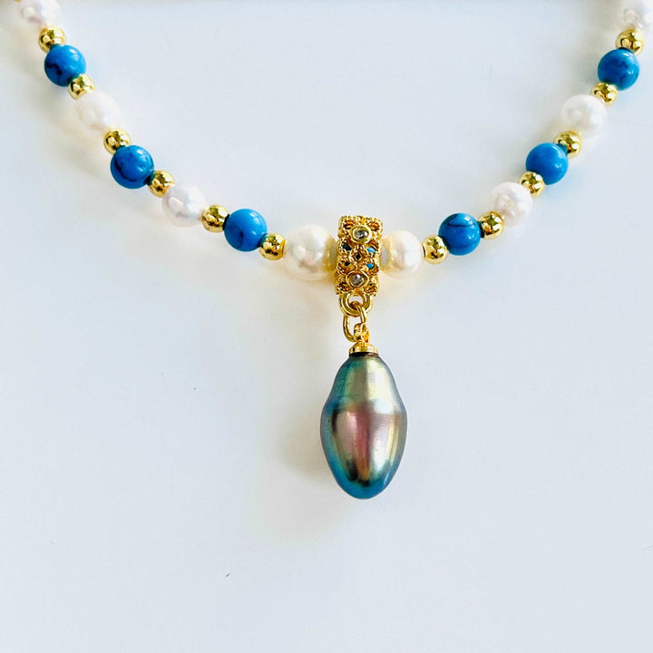 Blue Turquoise Black Pearl Pendant Necklace