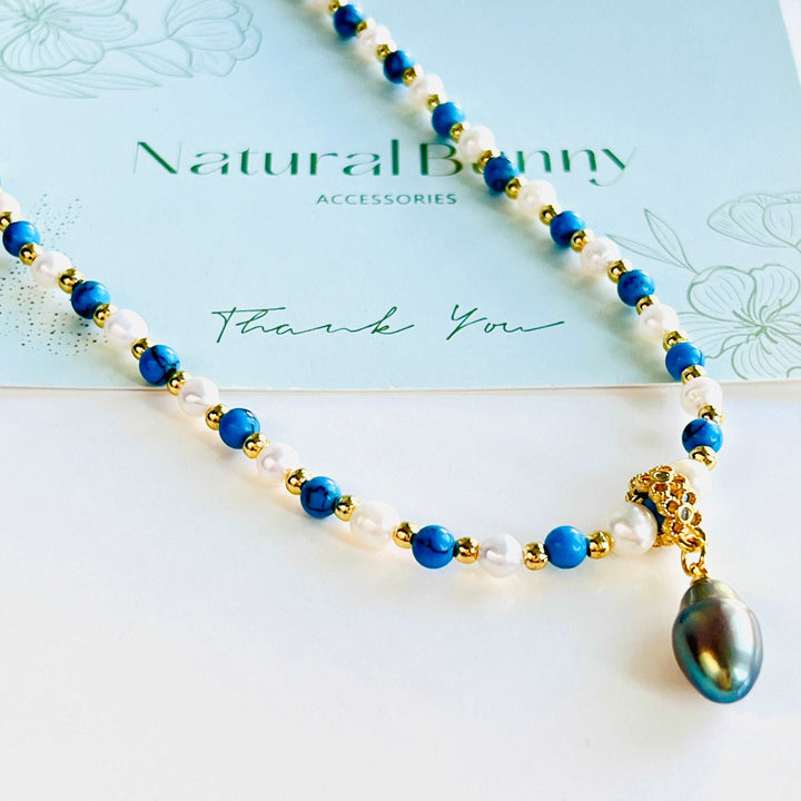 Blue Turquoise Black Pearl Pendant Necklace