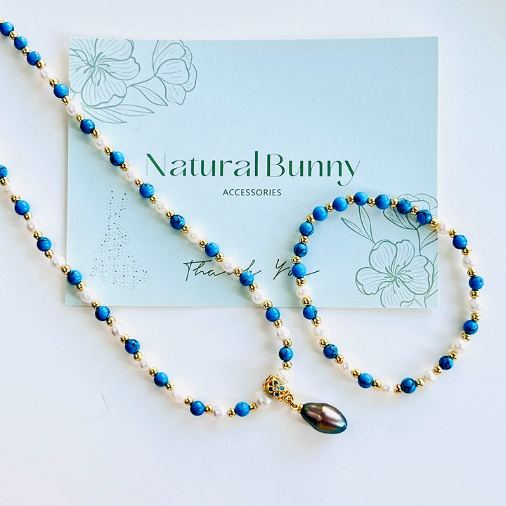 Blue Turquoise Black Pearl Pendant Necklace