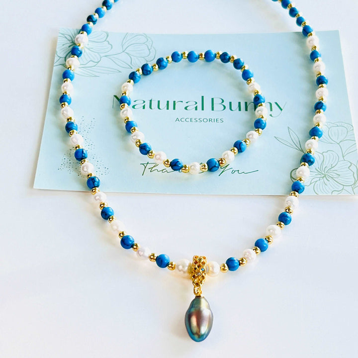 Blue Turquoise Black Pearl Pendant Necklace