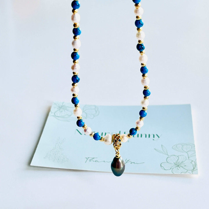 Blue Turquoise Black Pearl Pendant Necklace