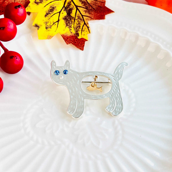 Cat Eating Fish Brooch