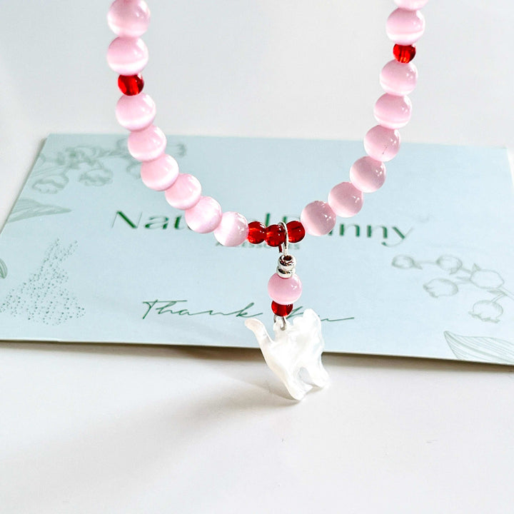 Cat Pendant Pink Beaded Necklace