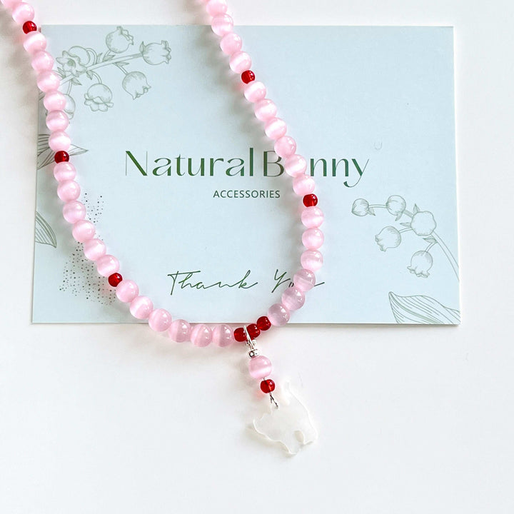 Cat Pendant Pink Beaded Necklace