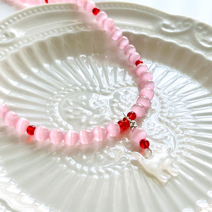 Cat Pendant Pink Beaded Necklace