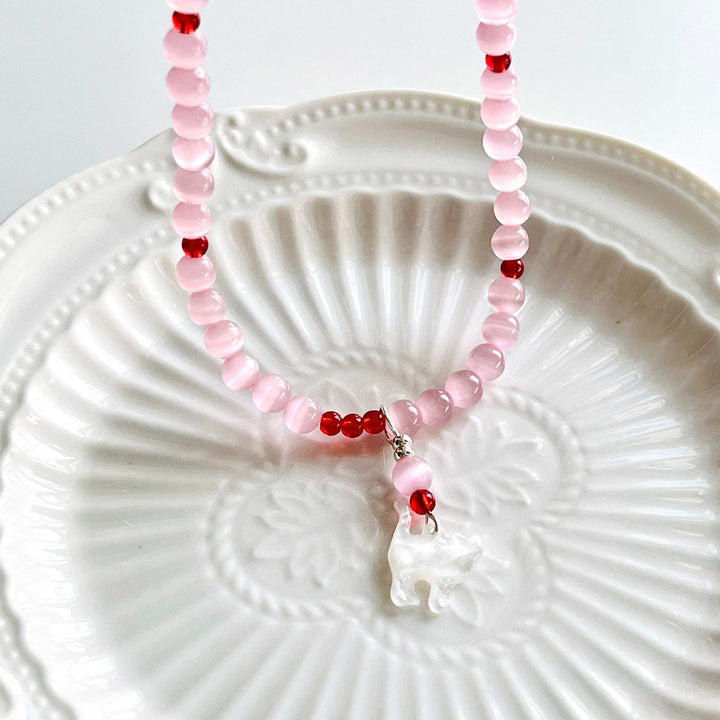 Cat Pendant Pink Beaded Necklace