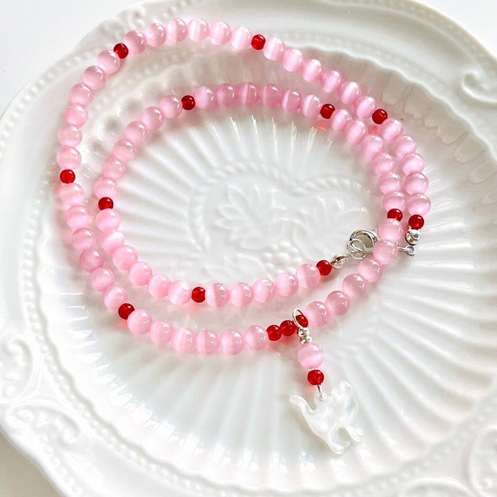 Cat Pendant Pink Beaded Necklace