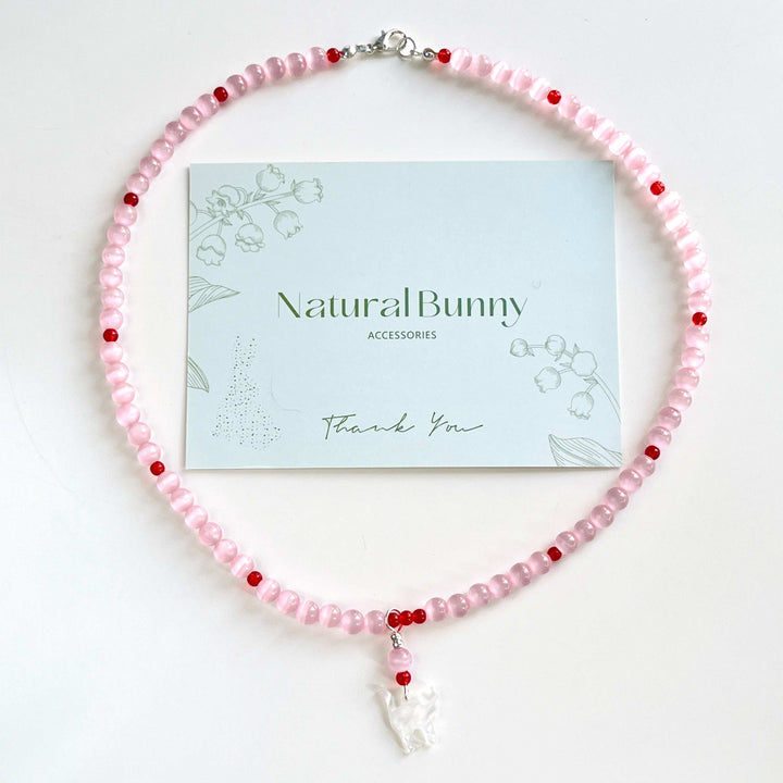 Cat Pendant Pink Beaded Necklace