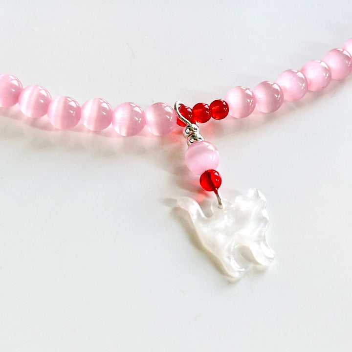 Cat Pendant Pink Beaded Necklace