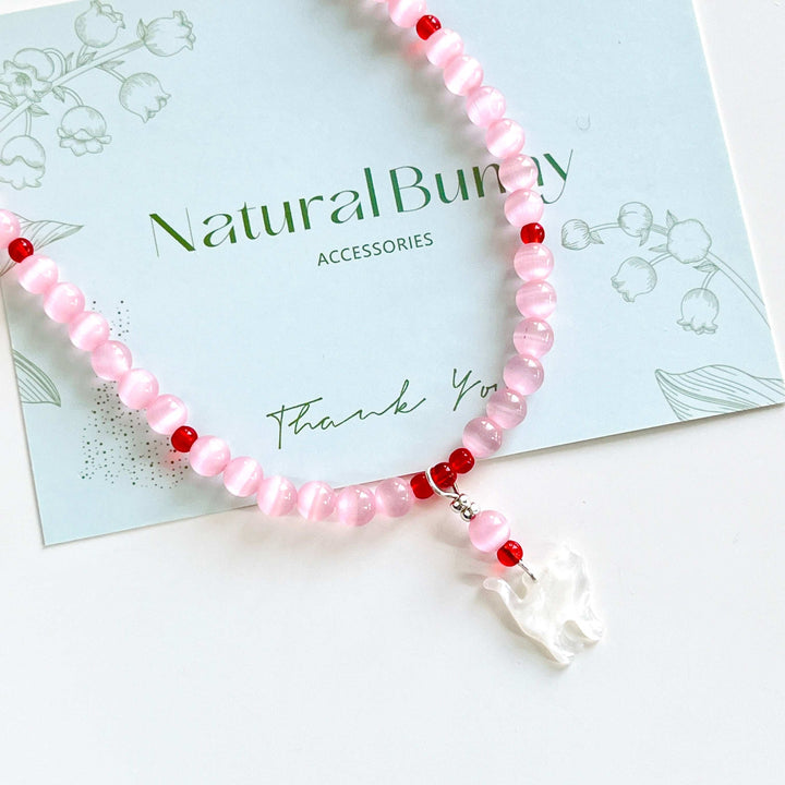 Cat Pendant Pink Beaded Necklace