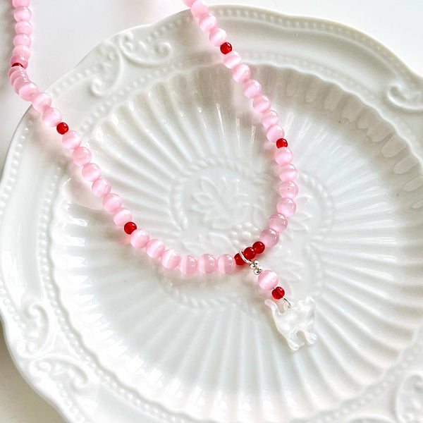 Cat Pendant Pink Beaded Necklace