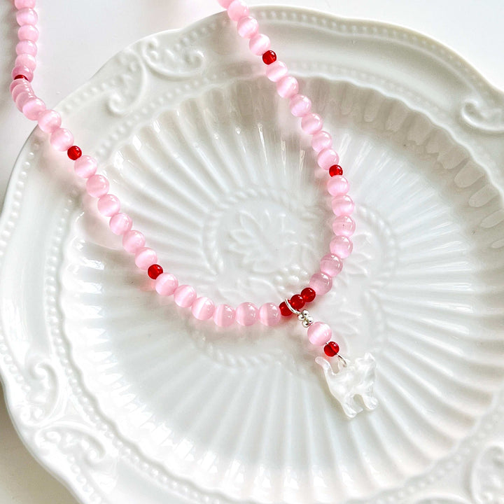 Cat Pendant Pink Beaded Necklace