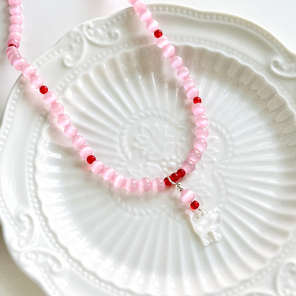 Cat Pendant Pink Beaded Necklace