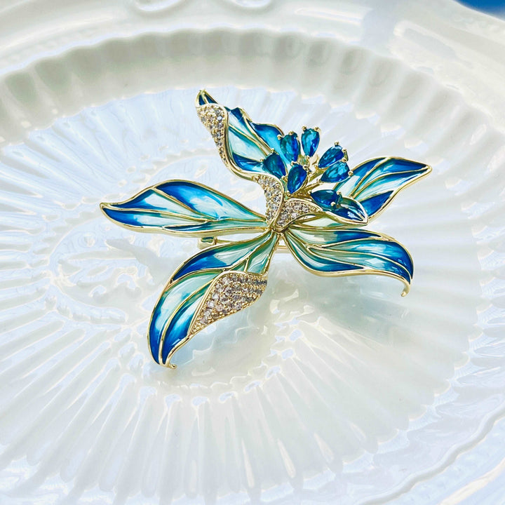 Charming Enamel Orchid Flower Brooch