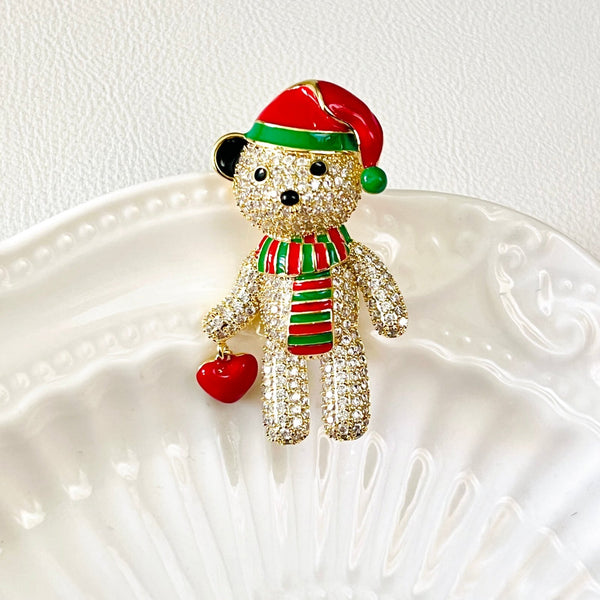 Christmas Bear With Red Heart Brooch - Natural Bunny Accessories