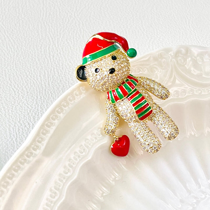 Christmas Bear With Red Heart Brooch - Natural Bunny Accessories