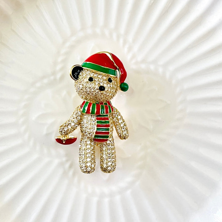 Christmas Bear With Red Heart Brooch - Natural Bunny Accessories