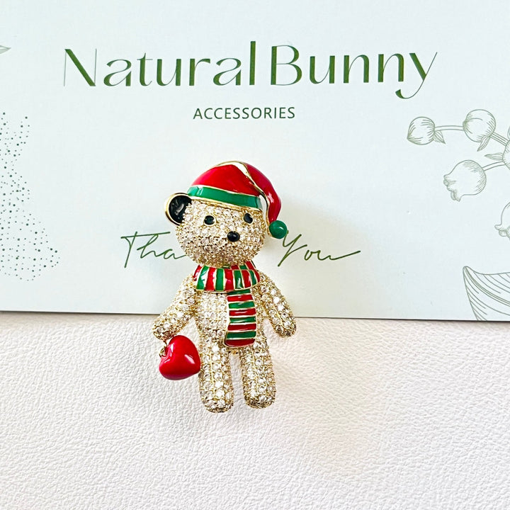 Christmas Bear With Red Heart Brooch - Natural Bunny Accessories