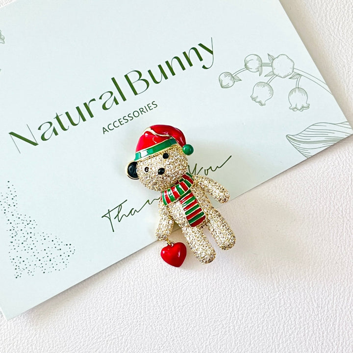 Christmas Bear With Red Heart Brooch - Natural Bunny Accessories