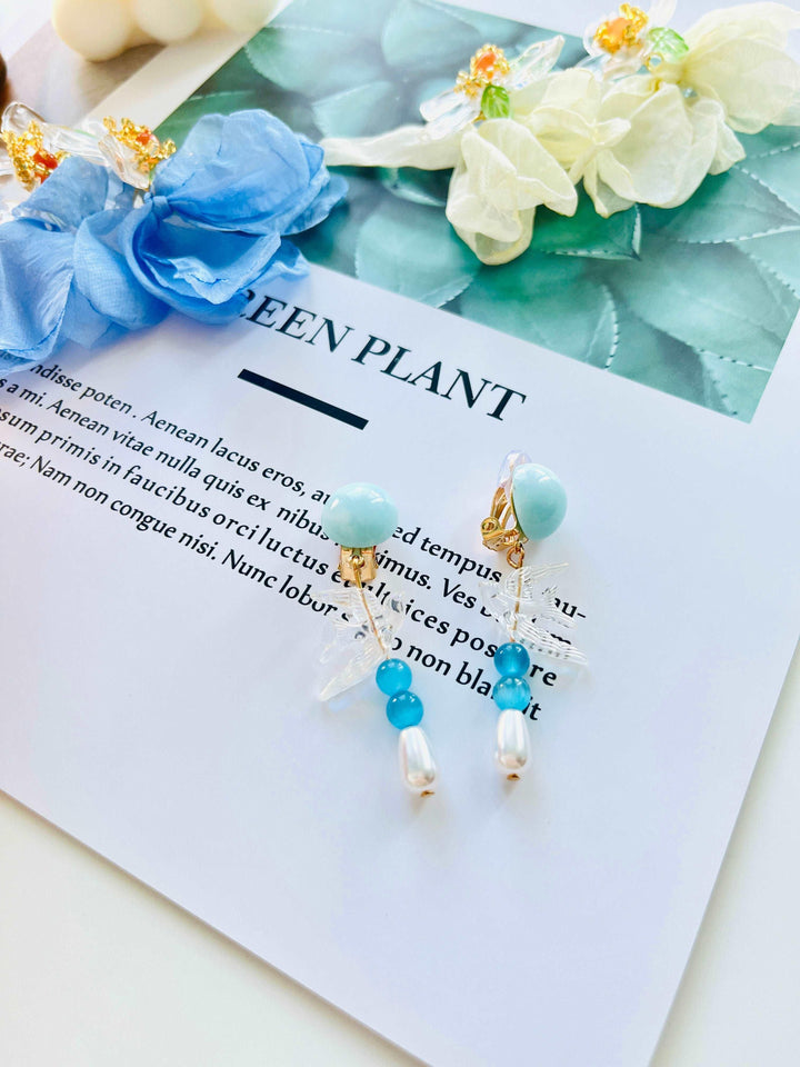 Clear Blue Swallow Pearl Dangle Earrings / Clip-On Earrings