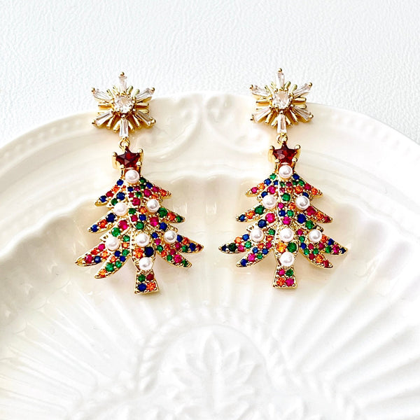 Colorful Snowflake Christmas Tree Drop Earrings - Natural Bunny Accessories