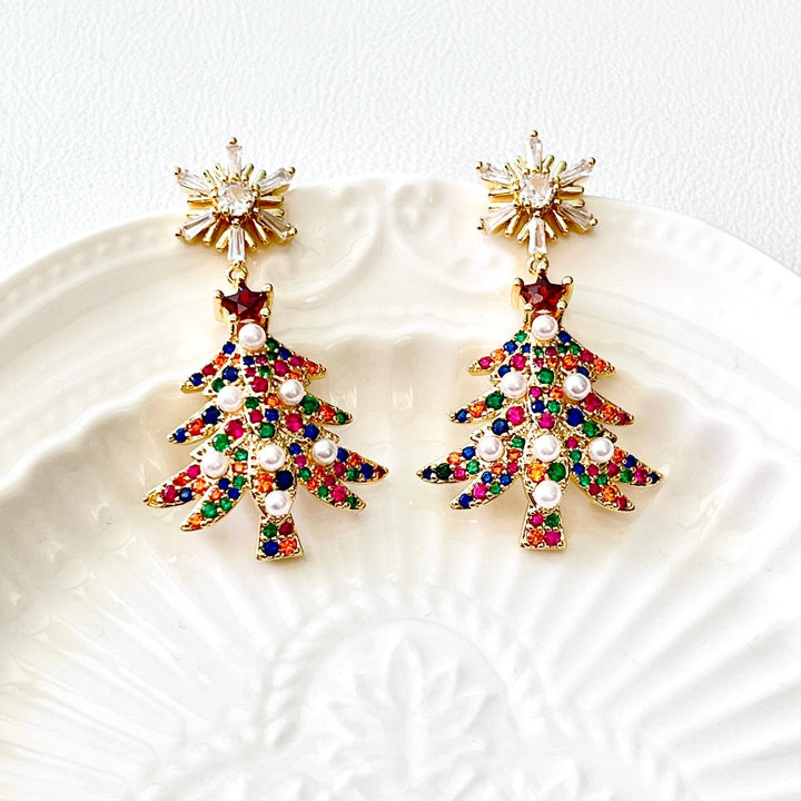 Colorful Snowflake Christmas Tree Drop Earrings - Natural Bunny Accessories