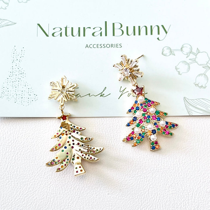Colorful Snowflake Christmas Tree Drop Earrings - Natural Bunny Accessories