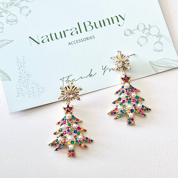 Colorful Snowflake Christmas Tree Drop Earrings - Natural Bunny Accessories