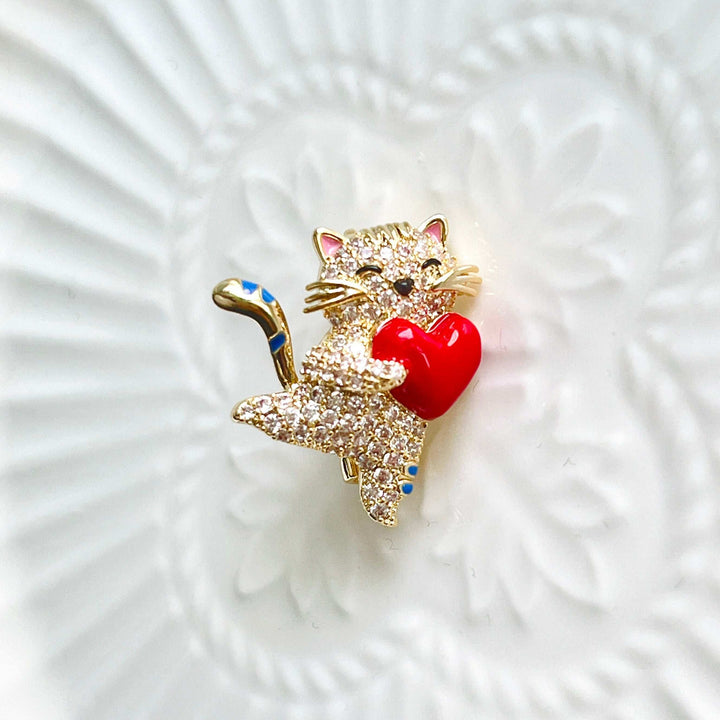 Cute Cat Holding Red Heart Brooch
