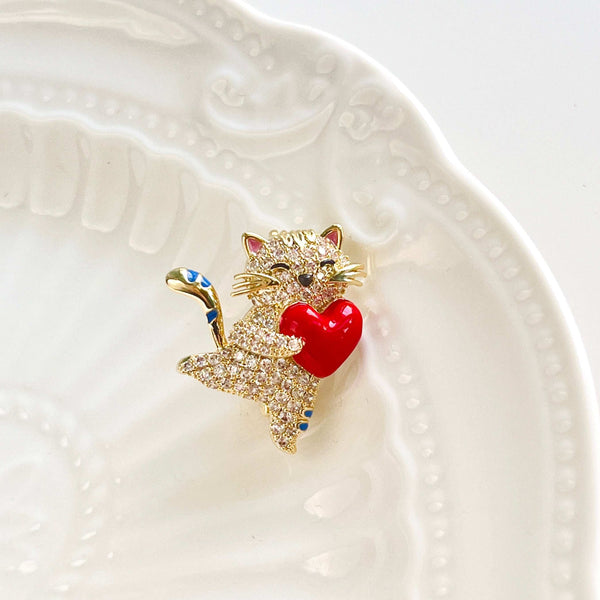 Cute Cat Holding Red Heart Brooch