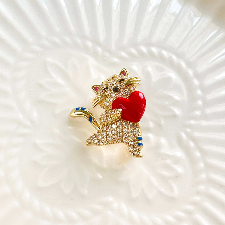 Cute Cat Holding Red Heart Brooch