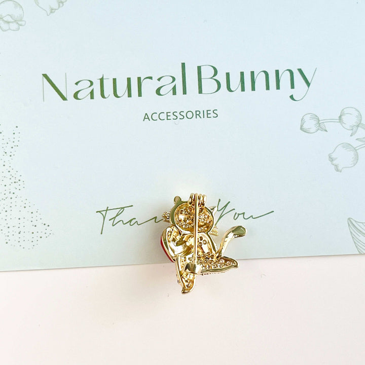 Cute Cat Holding Red Heart Brooch