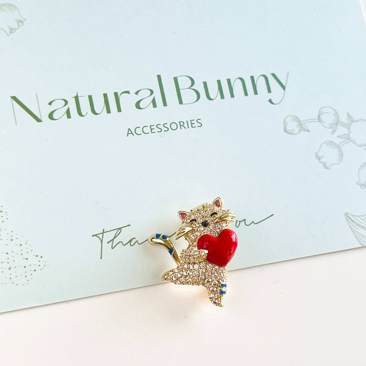Cute Cat Holding Red Heart Brooch