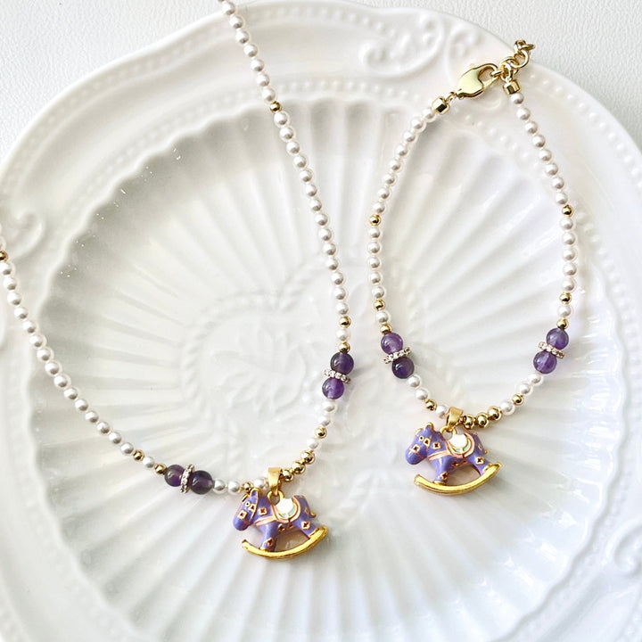 Cute Rocking Horse Pearl Necklace | Bracelet | Earrings Set - Natural Bunny Accessories