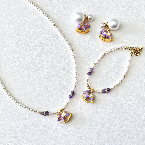 Cute Rocking Horse Pearl Necklace | Bracelet | Earrings Set - Natural Bunny Accessories