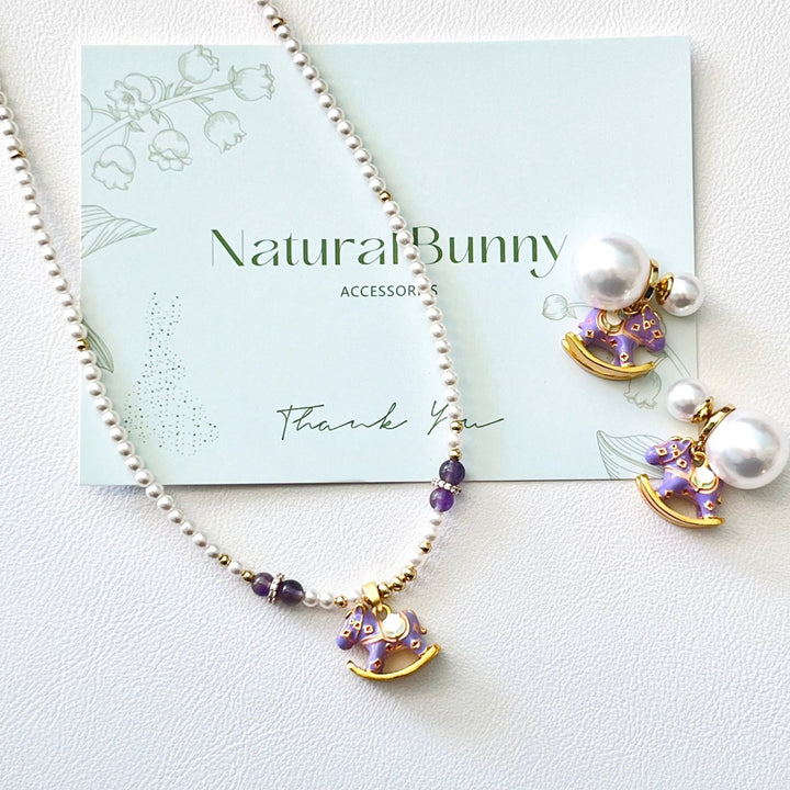 Cute Rocking Horse Pearl Necklace | Bracelet | Earrings Set - Natural Bunny Accessories