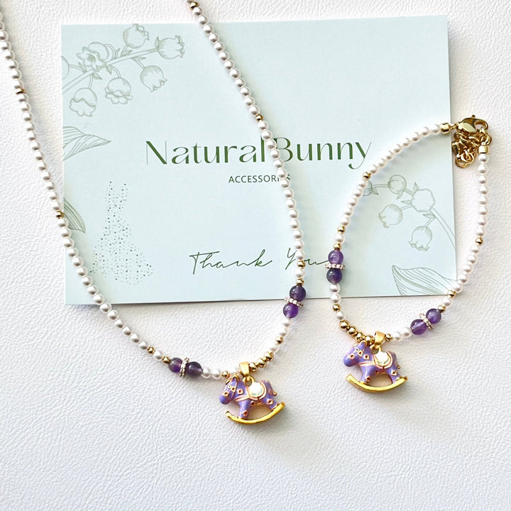 Cute Rocking Horse Pearl Necklace | Bracelet | Earrings Set - Natural Bunny Accessories