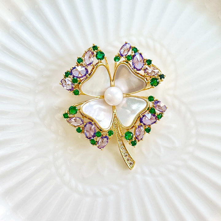 Dainty Shell Four Leaf Clover Brooch