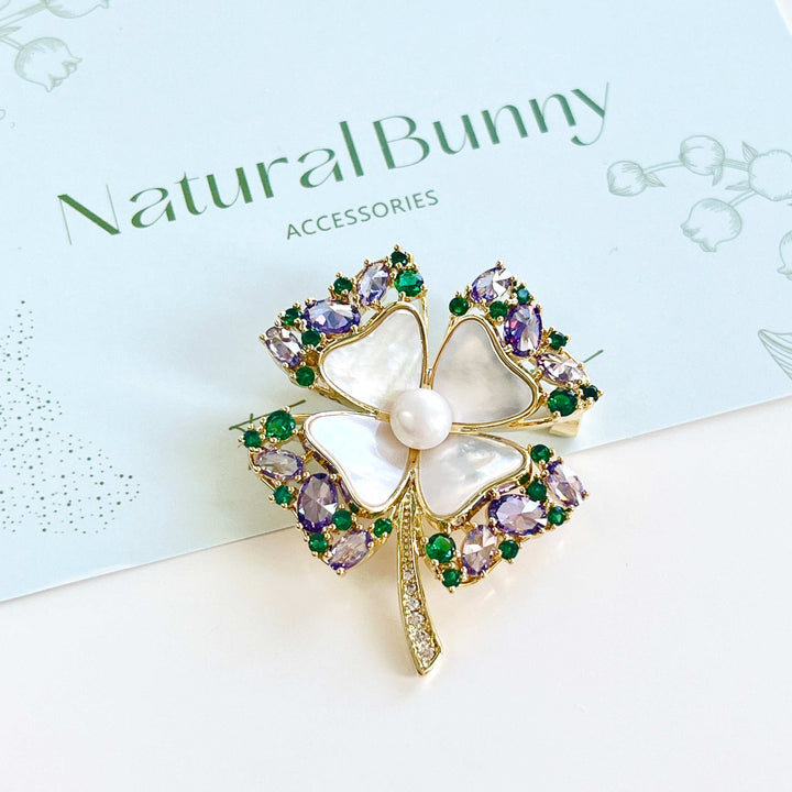 Dainty Shell Four Leaf Clover Brooch