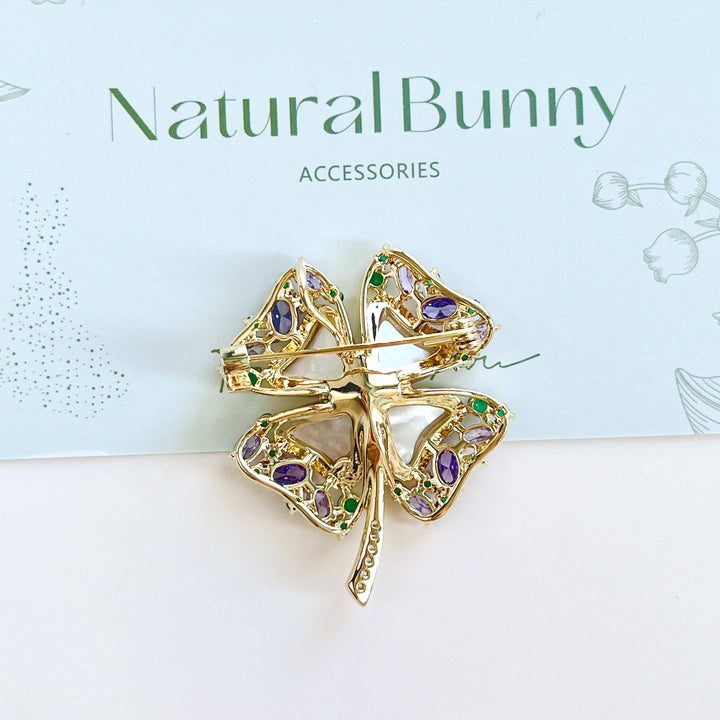 Dainty Shell Four Leaf Clover Brooch